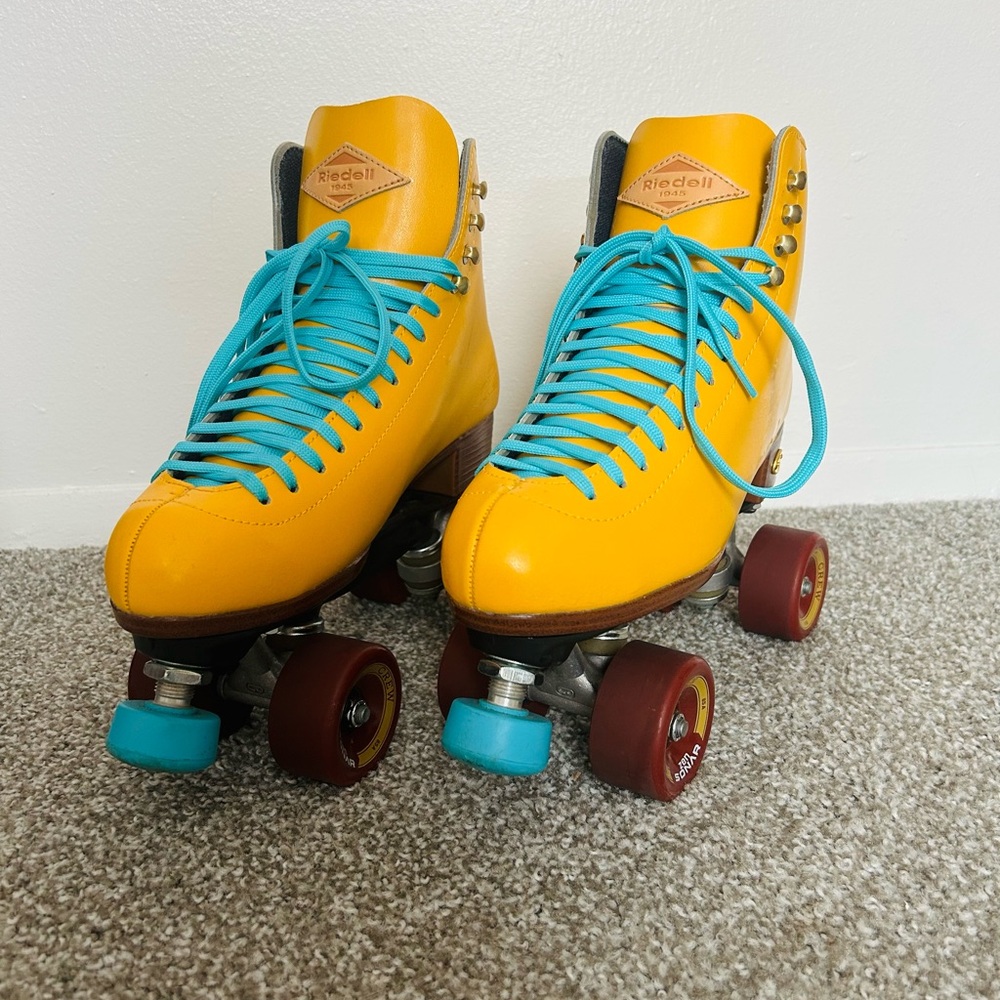 Riedell Yellow Roller Skates with Blue Laces